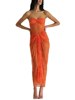 Женское прозрачное макси-платье с цветочным кружевом на бретельках, без рукавов, с глубоким вырезом, Облегающая длинная юбка на бретельках - Шикарная уличная мода