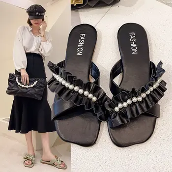 2023 Летние сандалии, которые женщины носят в новой корейской версии 2022, шлепанцы на плоской подошве в сказочном стиле с жемчужными листьями лотоса