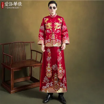 Мужской костюм в китайском стиле, Винтажный длинный халат с вышивкой дракона, свадебный жених, Восточный Ципао, одежда для тостов