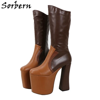 Дизайнерские ботинки Sorbern кофейно-коричневого цвета до середины икры на толстой платформе и высоком каблуке с цветными заплатками, сшитые на заказ в индивидуальном стиле