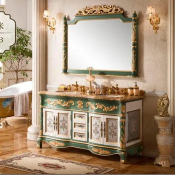 Индивидуальный шкаф для ванной комнаты в европейском стиле, Комбинированный Умывальник, Пол из массива дуба, расписанный вручную, Умывальник