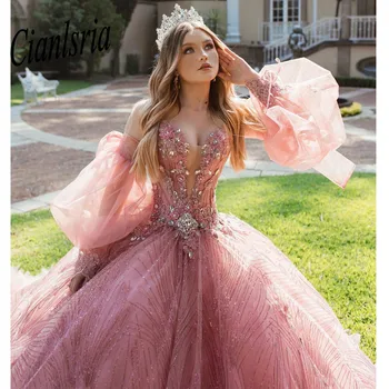 Розовые Пышные платья с открытыми плечами, Бальное платье, платье для Дня рождения, Блестящее Платье на шнуровке, 15 лет, Пышное платье