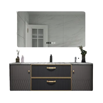 Современная простая дубовая каменная плита, комбинированный шкаф для ванной комнаты, интеллектуальный светильник, роскошный туалет, умывальник, умное зеркало