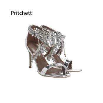 Серебряные босоножки с цепочками из страз, свадебные туфли с открытым носком, женские роскошные туфли на шнуровке на высоком каблуке, летняя обувь для вечеринок с подвеской в виде кристаллов