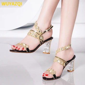 WUYAZQI/ новые женские босоножки на среднем толстом каблуке с кристаллами; пикантные женские туфли в римском стиле на высоком каблуке; модная женская обувь Q8
