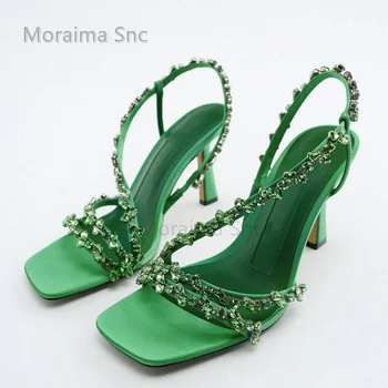 Женская обувь на высоком каблуке, расшитая стразами, Босоножки с открытым носком, Сине-зеленые Сандалии с кристаллами, Летняя обувь для вечеринки на шпильке 2023