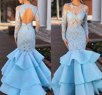 Элегантные Небесно-голубые Вечерние платья с длинным рукавом 2021 Русалка Кружевное платье для Выпускного Вечера в Арабском Дубае На Заказ Vestidos De Feast