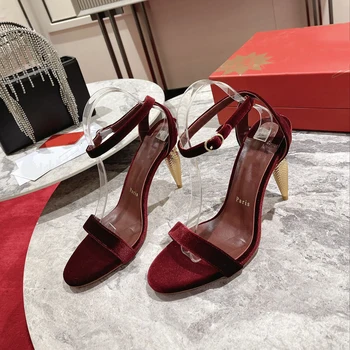 Высококачественные Женские туфли на высоком каблуке, Роскошные Модные Женские Туфли на красной Подошве с блестящими Кристаллами, Классические Дизайнерские туфли в стиле ретро на высоком каблуке 10 см 2070HJ
