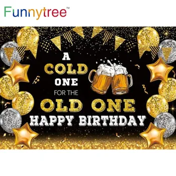 Забавное дерево, холодное для старого, С Днем Рождения, фон для вечеринки, Пивной Человек, Золотой Черный Баннер, Блестящий шар, точечный фон