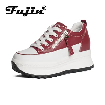 fujin/ женская обувь на платформе из натуральной кожи 7 см, кроссовки на танкетке, шнуровка