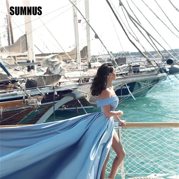 SUMNUS/ Синие Атласные Классические вечерние платья трапециевидной формы с открытыми плечами, V-образным вырезом, шлейфом, разрезом сбоку, Королевские вечерние платья для новобрачных