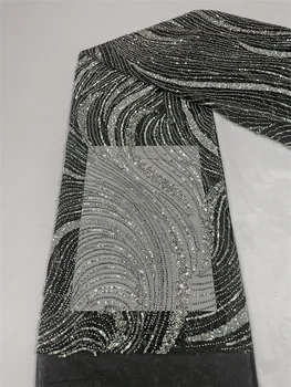 Новейшая черная африканская кружевная ткань ручной работы из 3D бисера, французская сетчатая кружевная ткань, Цветочная вышивка бисером Для свадебного шитья