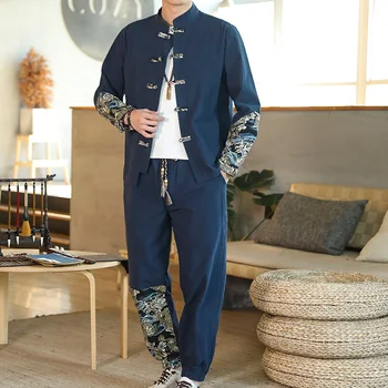 Традиционный китайский национальный костюм Sinicism, мужской хлопковый льняной костюм в стиле Тан, Мужская Свободная рубашка Со стоячим воротником, Куртка, Брюки
