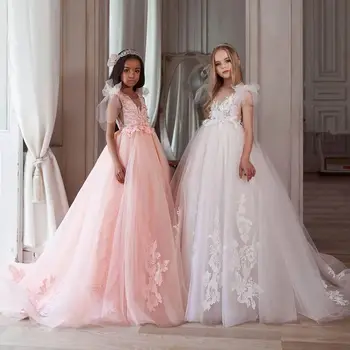 Розовые платья с цветочным узором для девочек на свадьбу, Трапециевидный V-образный вырез, тюлевые аппликации, Длинные платья для Первого Причастия для маленьких девочек