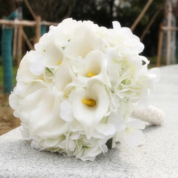Цветы подружки невесты, гортензия крупнолистная цвета слоновой кости с каллой, лилия Свадебный букет для Невест, центральный свадебный букет демуазель