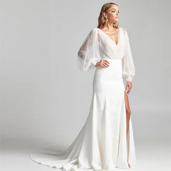 Простые Свадебные платья с высоким Разрезом, Рукав-фонарь, V-образный вырез, Длина до пола, Свадебные платья 2021 года, Шлейф из Белого Атласа, Vestido De Novia