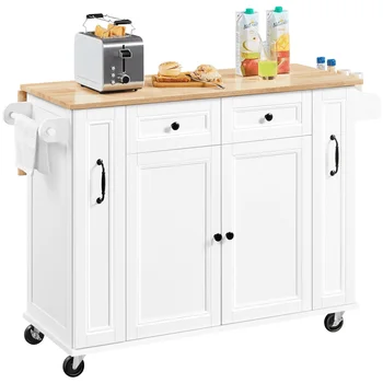 Кухонная тележка на колесиках SmileMart с откидной барной стойкой и 2 выдвижными ящиками, белая