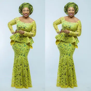 Желтое Вечернее платье Русалки в стиле Aso Ebi, кружевные Нигерийские вечерние платья с длинным рукавом, большие Размеры, модные вечерние платья в африканском стиле