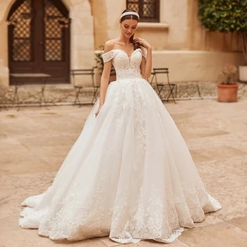 Свадебные платья в стиле Бохо, Бальное платье с открытыми плечами, Тюлевые аппликации, Кружево, Арабское свадебное платье в Дубае, Свадебное платье Vestido De Noiva