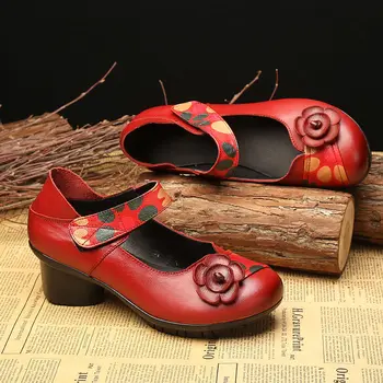 Винтажные туфли-лодочки на высоком каблуке, женские туфли-лодочки Mary Jane с цветочным рисунком, Женские туфли из натуральной кожи на низком каблуке, женские нарядные туфли