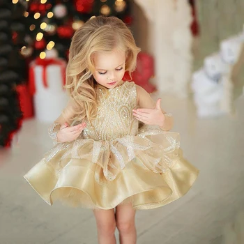 Платья-пачки для маленьких девочек цвета шампанского с длинными рукавами, Пышные платья для детских праздников с блестками, Сверкающее платье для маленьких девочек в цветочек