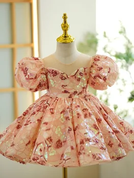 Простые Элегантные Детские платья для Дня рождения с круглым вырезом и пышными рукавами, бальное платье с тонкой талией, Платье Принцессы Для девочек в цветочек