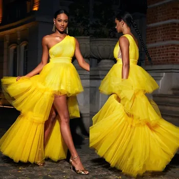 Элегантное многослойное желтое платье для выпускного вечера из тюля с асимметричной юбкой на одно плечо, вечерние вечерние платья Vestidos De Noche