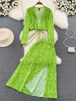 Комплекты женских летних платьев, модный костюм с длинными рукавами, Глубокий V-образный вырез, Топ на шнуровке, из двух частей, тонкое платье с разрезом, высокая талия, D3236