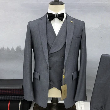 Серые Мужские костюмы, комплект из 3 предметов, Новый Высококачественный Однотонный приталенный Бутик деловой модной мужской одежды (куртка + жилет + Брюки)