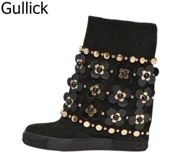 Новые поступления, Зимние ботинки с украшениями в виде кристаллов и цветов, Черные замшевые короткие женские ботинки с заклепками, увеличивающие рост