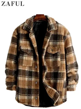 Куртка для мужчин, клетчатая пушистая флисовая рубашка, куртка с карманом на пуговицах, искусственный мех, Шерпа, осенне-зимняя уличная одежда, Пальто, новинка