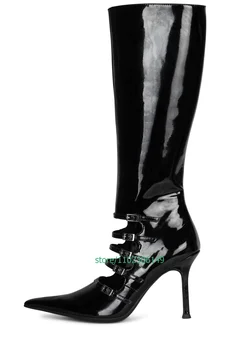 Женские сапоги до колена на шпильке с острым носком и вырезами, Дизайнерские ботинки с несколькими пряжками, Пикантные летние модельные туфли из искусственной кожи на шпильке, Размер