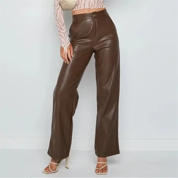 Женская одежда, хит продаж, Кожаные брюки из искусственной кожи, женские повседневные широкие брюки с высокой талией, Прямые женские кожаные брюки