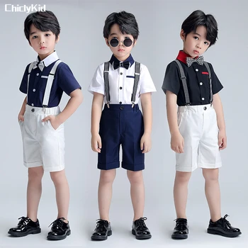 Детский костюм, однотонная рубашка с короткими рукавами, Комбинезон, Шорты, Летний комбинезон для мальчиков, комплекты одежды, детские британские костюмы, комбинезон для малышей