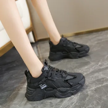 Корейская модная женская обувь на плоской платформе, кроссовки, однотонная повседневная женская обувь на шнуровке среднего размера (3-5 см), брендовая женская обувь