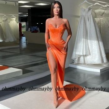 Оранжевые Вечерние платья в корсете для женщин с высоким разрезом, Шикарные платья для выпускного вечера без рукавов 2023, Нью-Джерси, Vestidos De Fiesta