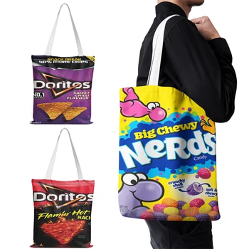 Женская сумка для покупок с принтом конфет, Модные Холщовые сумки на плечо в стиле Харадзюку с Забавными картофельными чипсами, Эко Многоразовая Складная сумка для хранения