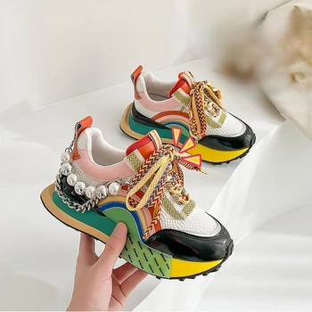 2023 Новая Женская Вулканизированная обувь с украшением в виде жемчужной цепочки на шнуровке, Женская обувь на плоской подошве, Zapatos De Mujer, Женские кроссовки
