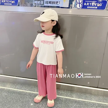 Модный летний комплект хлопковой розовой одежды для девочек 2-7 лет, футболка с коротким рукавом + широкие брюки из шелка льда