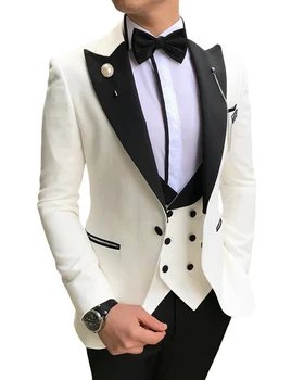 Белые мужские костюмы из 3 предметов, Приталенные Деловые Смокинги с V-образным вырезом и Зубчатыми Лацканами, Мужские костюмы Жениха для Свадьбы (куртка + Брюки + Жилет)