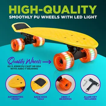 Высококачественный мини-крейсерский скейтборд из полипропилена - идеально подходит для подростков, взрослых и любителей скейтбординга (желтый)