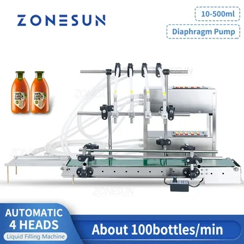 Машина для розлива жидкости ZONESUN Автоматический Мембранный насос с 4 Головками, Наполнитель для соков, косметических бутылок, воды с конвейерной лентой