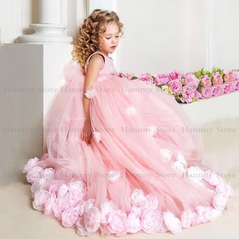 Милое Розовое платье с цветочным узором для девочек, без рукавов, Бальное платье с объемными 3D цветами, Рождественское праздничное платье на День рождения, платье для первого причастия