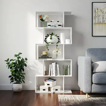 Геометрический Книжный шкаф, Деревянный S-образный Книжный шкаф для хранения, Книжная полка для дисплея, белый