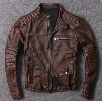 Новая мужская коричневая кожаная куртка, стильное приталенное мотоциклетное пальто, модная верхняя одежда