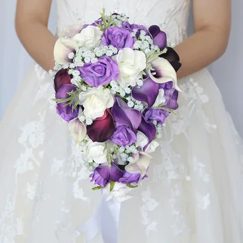 Новые Искусственные цветы Фиолетово-белая Калла, Лилия, Букеты Невесты, Каскадная капля розовой воды, букет для рук
