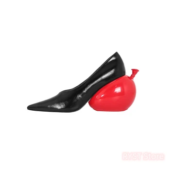 Новые женские Красные туфли-баллоны на высоком каблуке с острым носком, без застежки, Необычные повседневные туфли-лодочки на каблуке для девочек