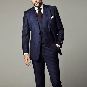 Официальные мужские костюмы в темно-синюю полоску для свадебного делового ужина, смокинг жениха, 3 предмета (куртка + жилет + брюки) Новейший дизайн