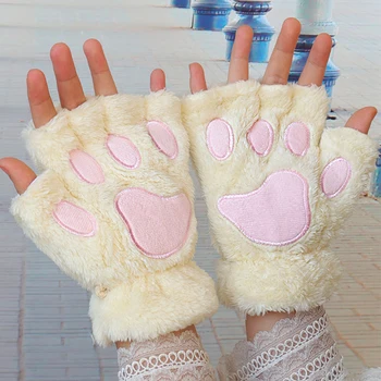 Модные плюшевые варежки с изображением кошачьей когтистой лапы для девочек, зимние теплые мягкие плюшевые короткие перчатки без пальцев, женские перчатки с медведем и котом, подарки на полпальца