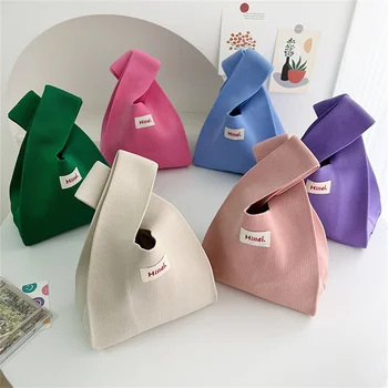 Женская сумочка ручной вязки, Мини-сумка на запястье с узлом, Женская Повседневная Цветная сумка в широкую полоску, Студенческая многоразовая сумка для покупок